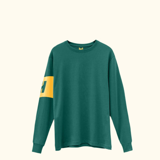 A green long-sleeved crewneck sweatshirt with a yellow stripe on the left sleeve and a logo on the chest.