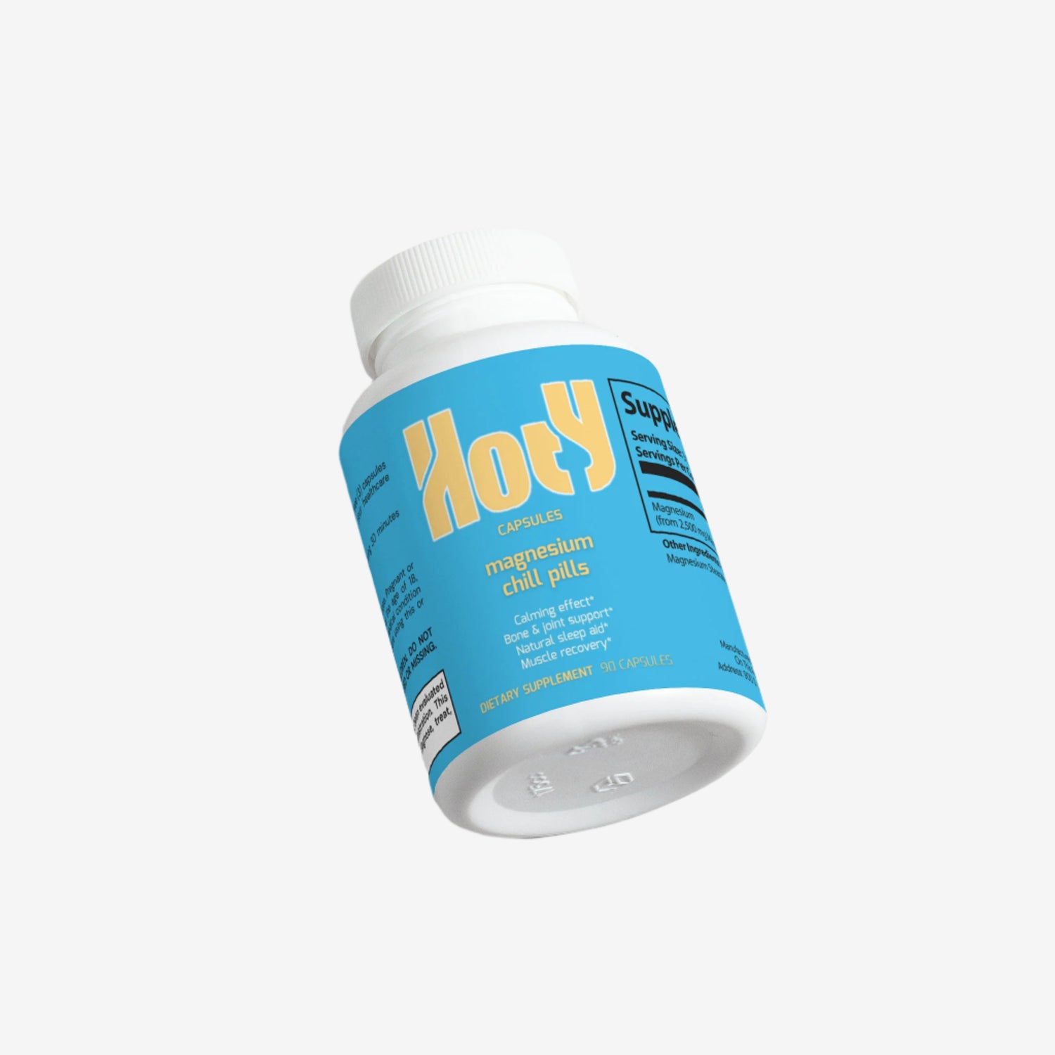 Supplement bottle with blue label on a white background