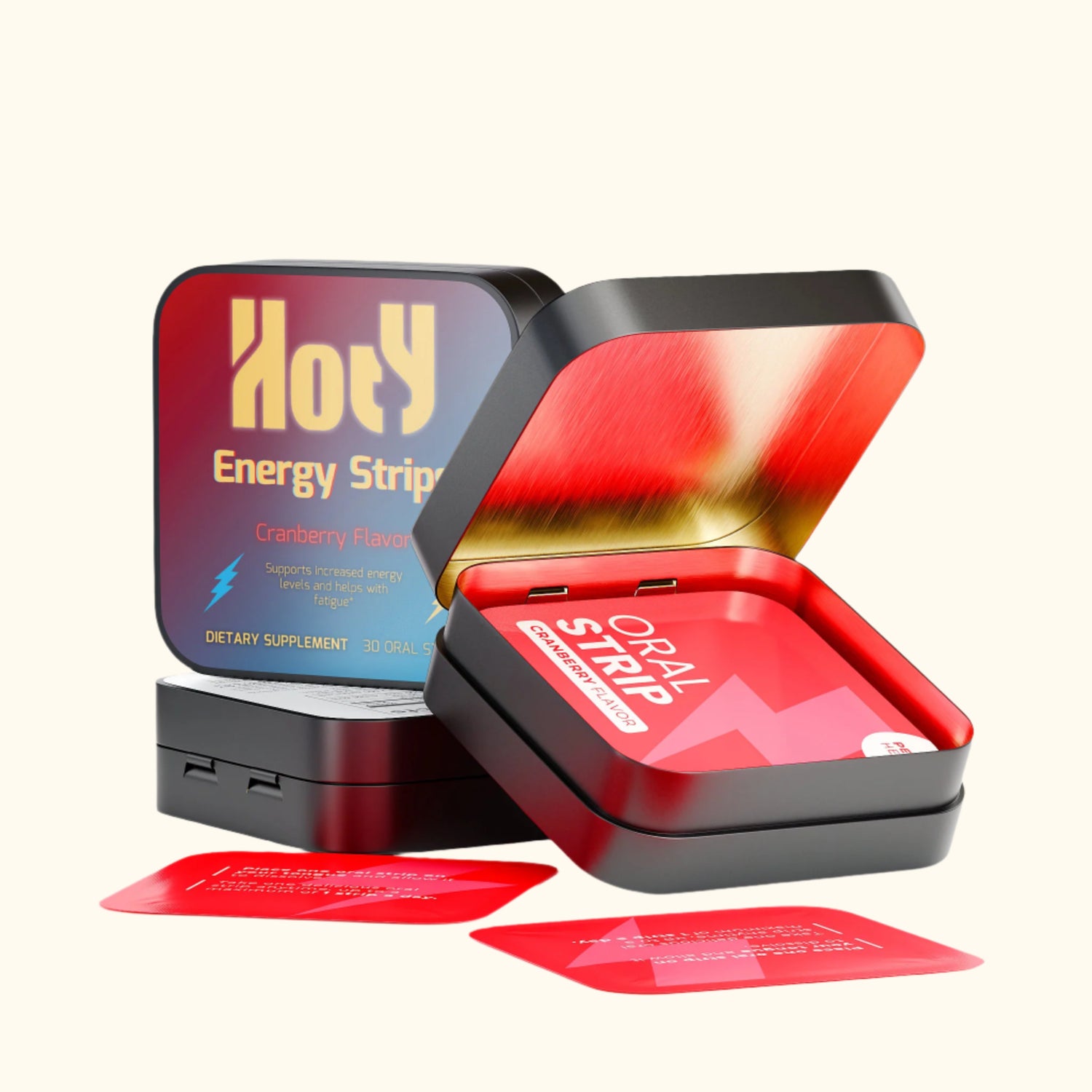 Open tin containing 'Hot Y' energy strips with a red strip displayed in front.