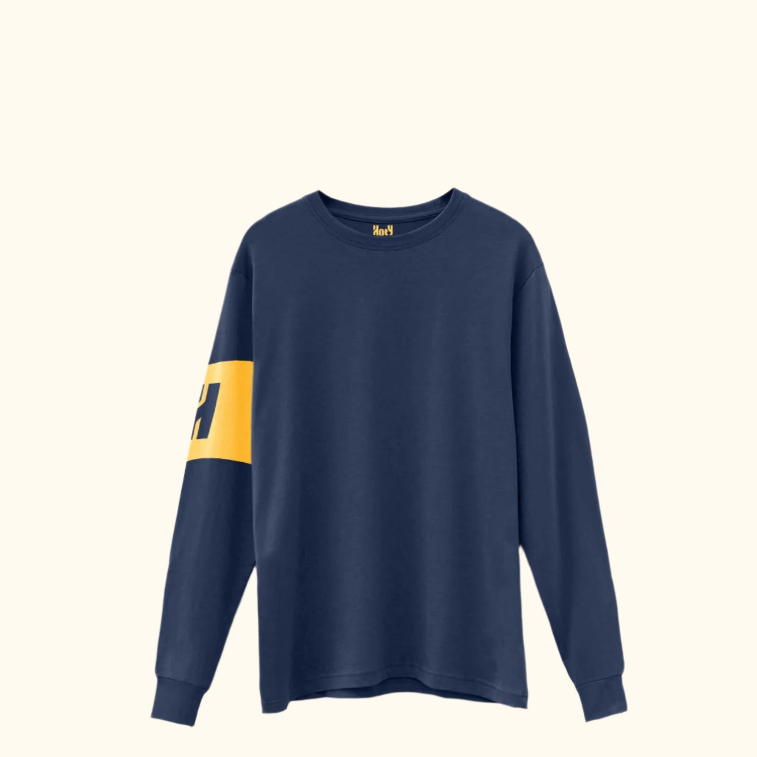 A navy blue long-sleeved crewneck t-shirt with a yellow stripe on the left sleeve and the brand 'HotY' visible on the neckline.