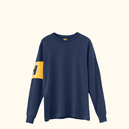 A navy blue long-sleeved crewneck t-shirt with a yellow stripe on the left sleeve and the brand 'HotY' visible on the neckline.